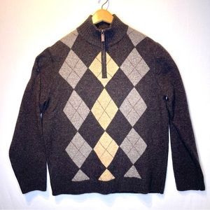 J. Crew XL 100% Lambswool Argyle 1/4 Zip Pullover Sweater Brown